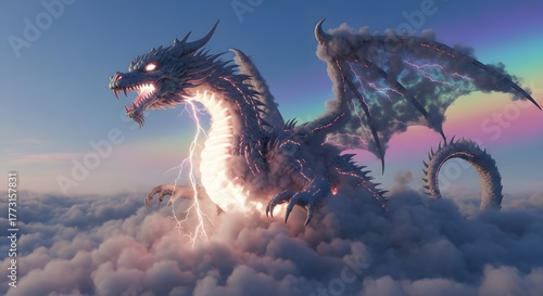 A dragon with lightning powers soaring above the clouds at sunset