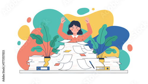 Overwhelmed woman buried in office paperwork Stressful work concept