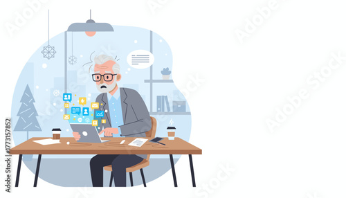 Overwhelmed senior man facing information overload and digital stress while working on a laptop in winter