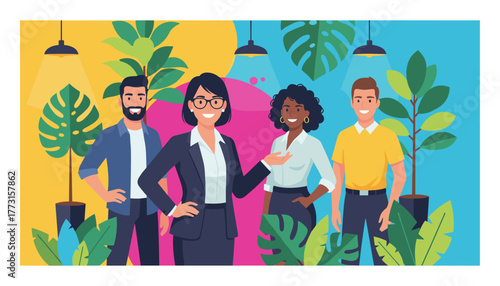 Diverse business team smiling in a vibrant modern biophilic workspace Collaboration and growth