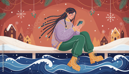 Cozy winter illustration Woman checks smartphone by a snowy village and stormy sea Holiday theme