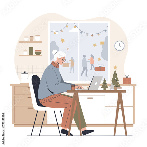 Senior woman works on laptop at home during Christmas holidays enjoying digital life and shopping