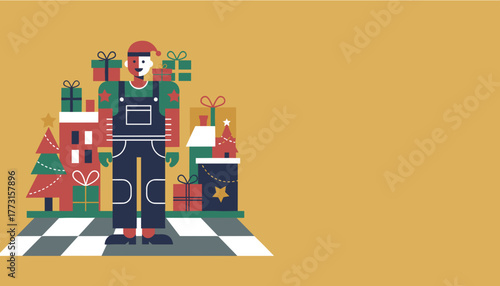 Graphic illustration of a Christmas worker with holiday gifts and city scene on a yellow background