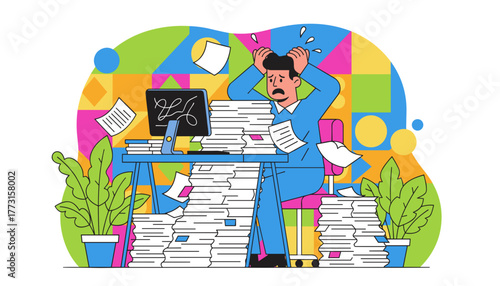 Overwhelmed office worker stressed by excessive paperwork and deadlines Burnout and bureaucracy concept