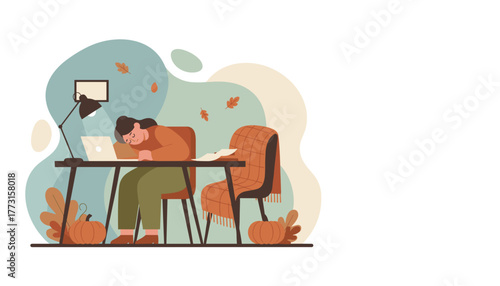 Exhausted woman sleeps on laptop at desk in cozy autumn home office Remote work burnout concept