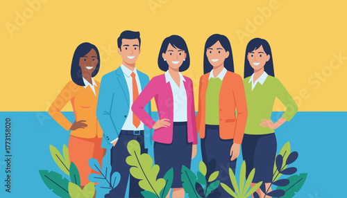 Diverse business team portrait illustration standing with confidence against a colorful background