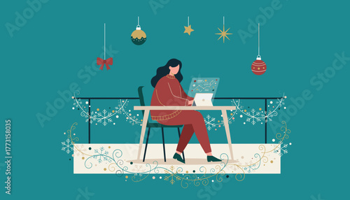 Working remotely during the holidays Festive digital business and connectivity illustration