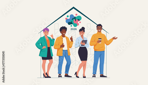 Diverse team stands under a house structure symbolizing business goals future success and 2026 planning