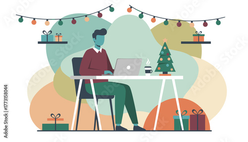 Remote worker using laptop at a Christmasdecorated desk Holiday work and seasonal business concept