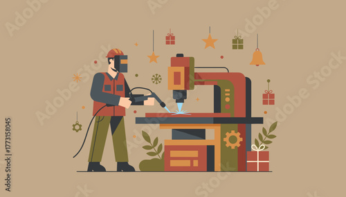 Worker operating industrial machine with festive holiday decor Industry during Christmas time
