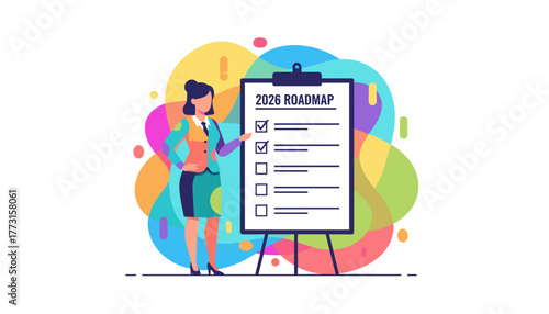 Professional woman presenting strategic 2026 roadmap and business goals checklist vector illustration