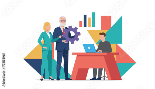 Business strategy meeting diverse team data analysis and process development symbolized by a gear