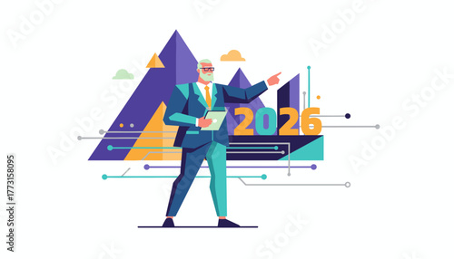 Forwardthinking leader pointing to future business goals in 2026 illustration