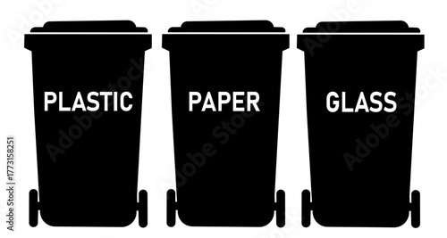 recycling bins for plastic, paper and glass waste — environmental sorting containers silhouette, Set