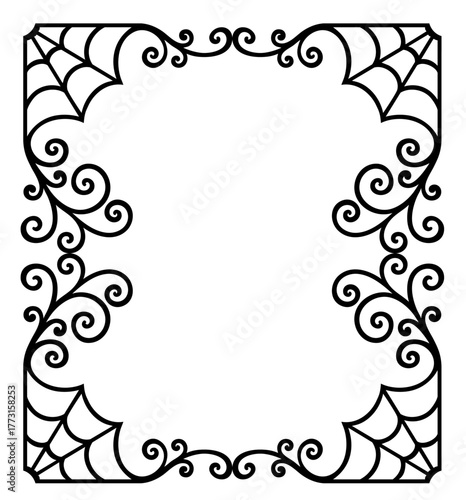 Halloween square frame made of spider webs and curly gothic lines