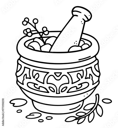 Mortar with herbs — herbal tea and autumn potion vibes