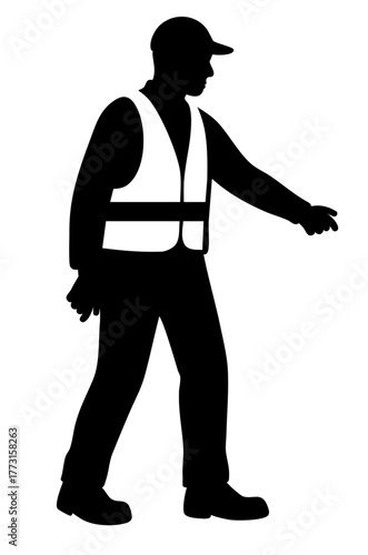 Sanitation worker in reflective vest walking — garbage collector silhouette