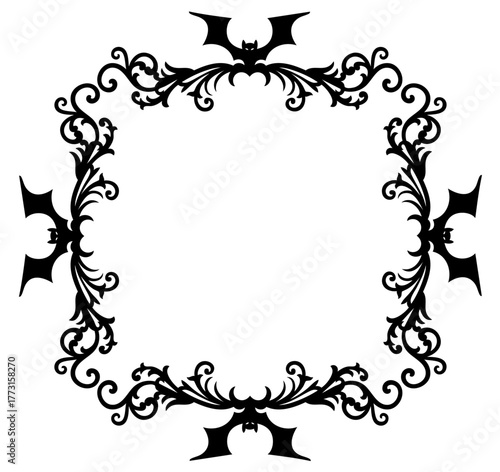 Halloween square frame made with bats and decorative swirl ornaments