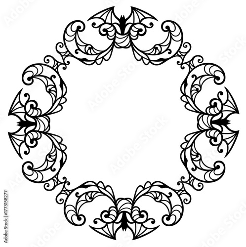 Halloween square frame made with bats, wings, and spider web ornaments in circular layout
