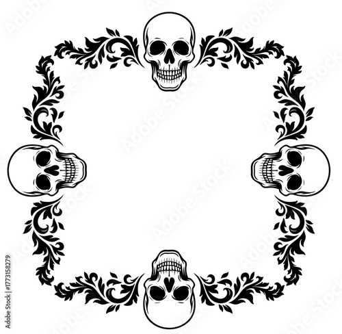 Halloween square frame made with skulls and floral gothic ornaments