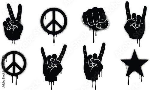 Graffiti style hand gestures and peace signs with dripping paint effect.