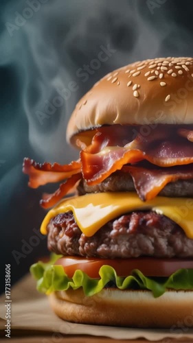 Juicy bacon cheeseburger with sesame bun and melted cheese for food lovers and burger fans