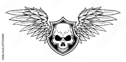 Winged Skull Emblem: A monochrome emblem, merging a skull with elegant wings, symbolizing an image of darkness and freedom. This striking design, evoking mystery and power.