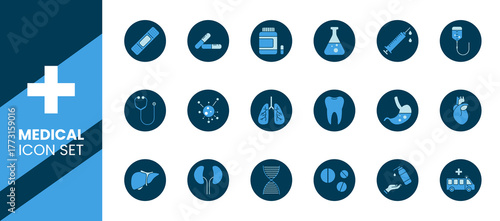 Medical icon set with various medical related objects.