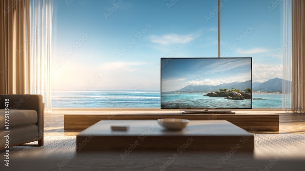 Fototapeta premium Modern living room with ocean view and television.