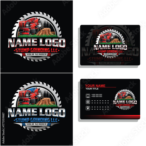 Stump grinding and removal logo design. Tree cutting service logo template. Stump Grinder vector illustration