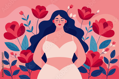 Generative AI Minimalist Illustration: Plus Size Woman Embracing Self-Love and Wellness