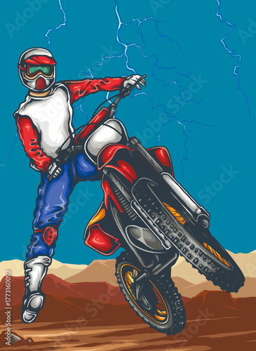 Motocross Rider in Action: A dynamic illustration captures the essence of motocross, showcasing a skilled rider effortlessly maneuvering a dirt bike with a striking background.