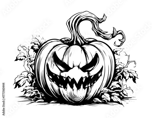 Spooky Pumpkin Carving Illustration: An intricate, artistic rendering of a menacing carved pumpkin, its eerie grin radiating the spirit of Halloween, set against leafy foliage and shadow.