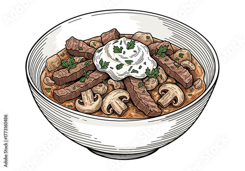 Beef Stroganoff with mushrooms vector illustration on transparent background for cookbook, restaurant branding and traditional cuisine design