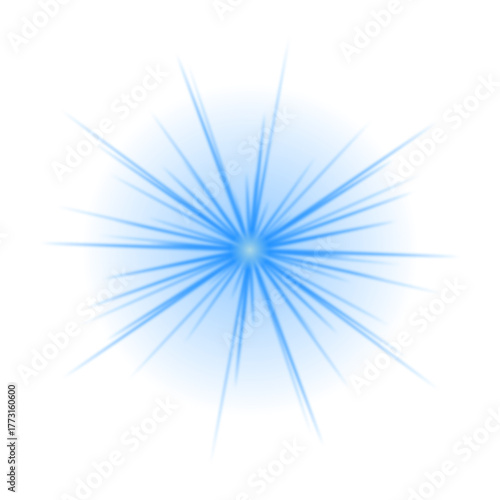 Dynamic blue light burst with radiating rays on a transparent background, creating an abstract and energetic visual effect.