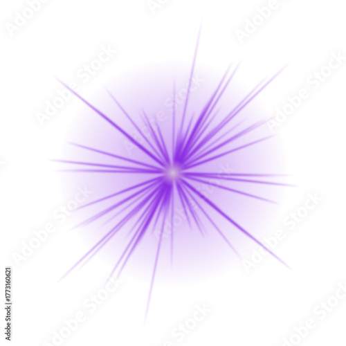 Vibrant purple light burst with radiant rays on a transparent background, creating an energetic and abstract digital effect.
