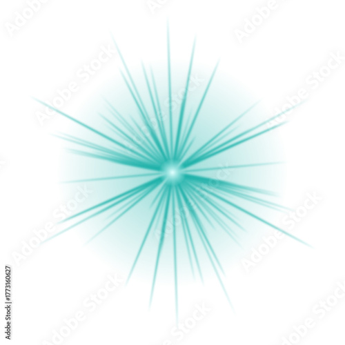 Vibrant teal light burst with radiating beams on a transparent background, creating a dynamic abstract starburst effect