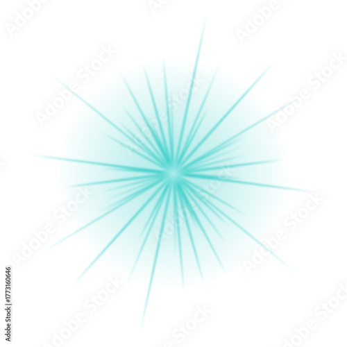 Vibrant blue-green starburst light effect with glowing center and sharp rays on black.