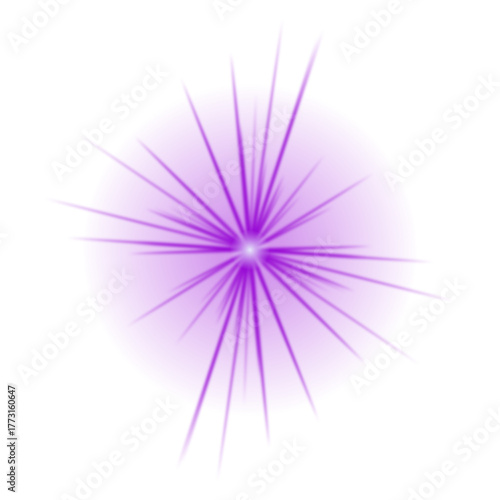 A vibrant purple light burst with radial rays emanating from a central glowing orb on a dark transparent background, creating an abstract optical effect.