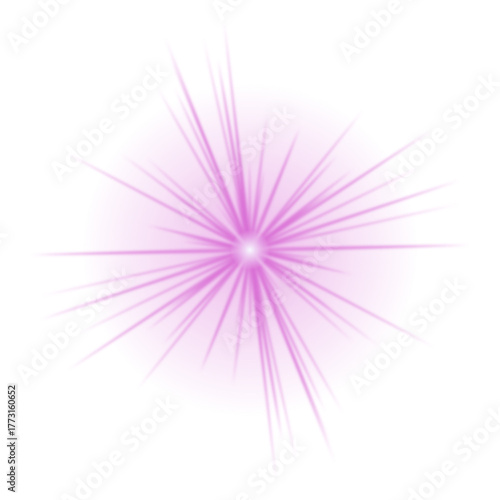 Vibrant pink and purple starburst light effect with radiating rays on a dark transparent background, abstract glowing design element.