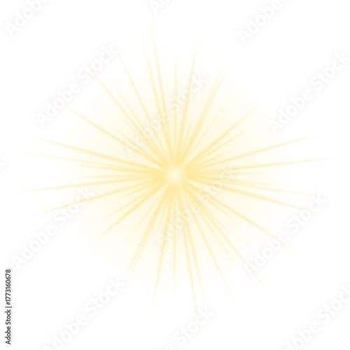 Bright golden starburst light effect with radiant rays on a transparent background, perfect for overlays and graphic design elements