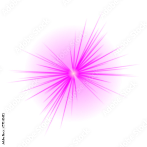 Bright magenta glowing light explosion with sharp rays, an abstract digital lens flare effect on black.