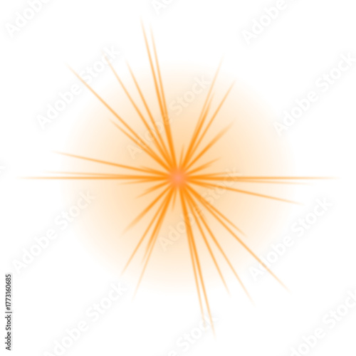 Bright orange starburst light effect with radiating rays on a dark transparent background, abstract digital graphic element for design