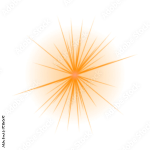 Vibrant orange light burst with radiant rays on a dark transparent background, creating an abstract starburst effect.