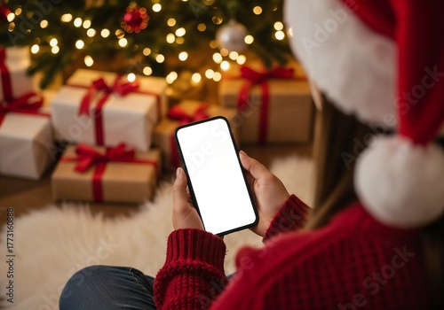 An over-the-shoulder view of a woman wearing a Santa hat and red sweater, holding a smartphone with a blank white screen, sitting in front of a decorated Christmas tree with glowing lights and a pile 