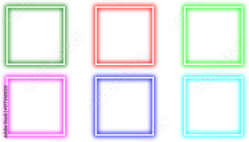 A collection of six colorful square frames with a glowing neon light effect isolated on a white background.