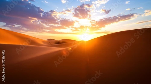 Wallpaper Mural Vast Sandy Desert Landscape Under a Dramatic Golden Hour Sunset Sky with Wispy Clouds and Sun Rays Torontodigital.ca