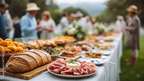 Outdoor buffet table laden with delicious food at a garden party