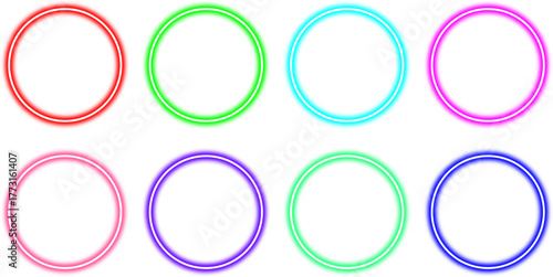 A collection of eight vibrant, glowing neon double-ring circles in various colors on a white background.