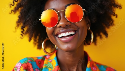 Black woman with afro hair wears large round orange sunglasses. She smiles broadly with white teeth, sporting gold hoop earrings and a colorful floral shirt against a yellow background.